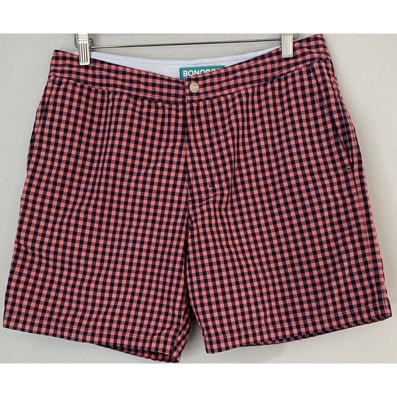BONOBOS Red & Navy Blue Checked Lined Swim Trunks Men's Size 32 BOARD SHORTS - Picture 1 of 7
